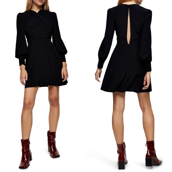 Topshop Dresses & Skirts - Topshop Black Long Sleeve Mini Dress with Twist Front Size 10